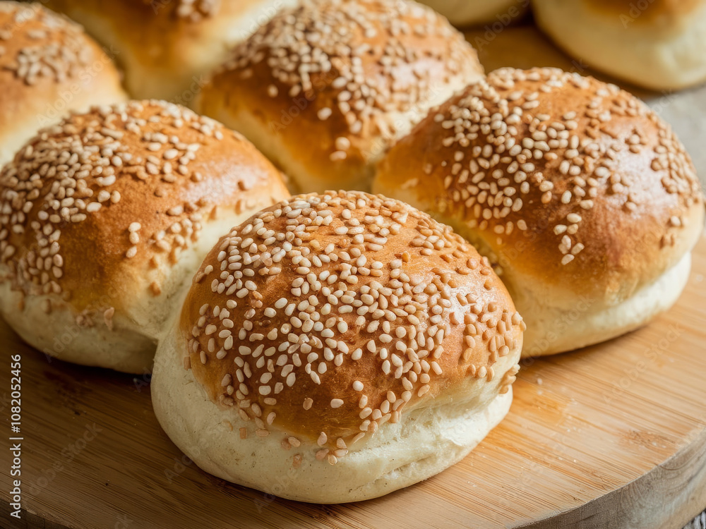 Fresh hamburger buns topped with sesame seeds arranged on wooden cutting board, golden brown crust Fresh hamburger buns topped with sesame seeds arranged on wooden cutting board, golden brown crust