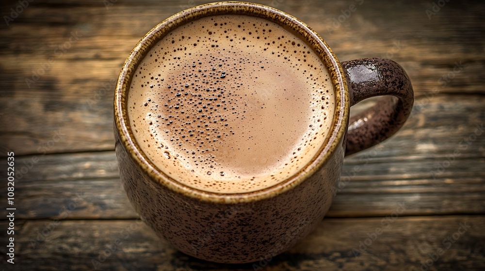 Close-Up of a Rustic Coffee Mug Filled with Rich, Dark Beverage on a Weathered Wooden Table, Highlighting Textures and Warm Tones Close-Up of a Rustic Coffee Mug Filled with Rich, Dark Beverage on a Weathered Wooden Table, Highlighting Textures and Warm Tones