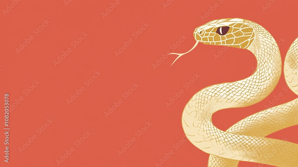 Fototapeta premium Intricate Illustration of a Golden Snake with a Vibrant Coral Background, Capturing the Grace and Beauty of Nature's Reptilian Creatures in a Modern Artistic Style
