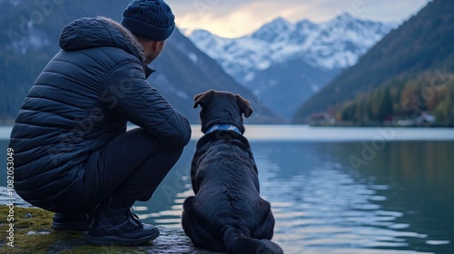 A person sits on a rock with their loyal dog by their side, enjoying the outdoors photo