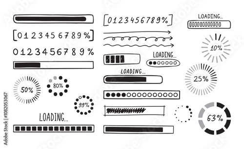 Loading bar doodle set. Hand drawn element line loading sketch style. Slow isolated download speed, progress status and internet load bar concept. 