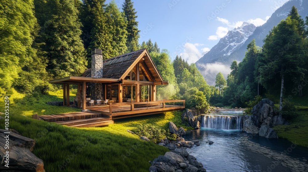 Secluded wooden cabin nestled in a lush forest with a cascading waterfall and mountain range in the background. Secluded wooden cabin nestled in a lush forest with a cascading waterfall and mountain range in the background.
