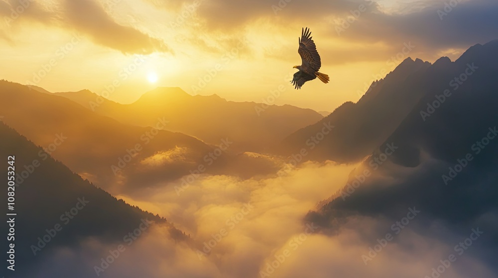 Bald eagle gliding over a misty mountain valley at sunrise, golden light illuminating the clouds and peaks below Bald eagle gliding over a misty mountain valley at sunrise, golden light illuminating the clouds and peaks below