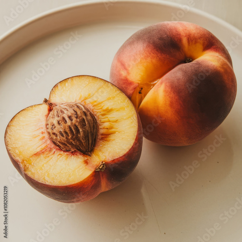 Fresh ripe peach and half peach showing pit on white plate, displaying golden flesh and red-orange skin photo