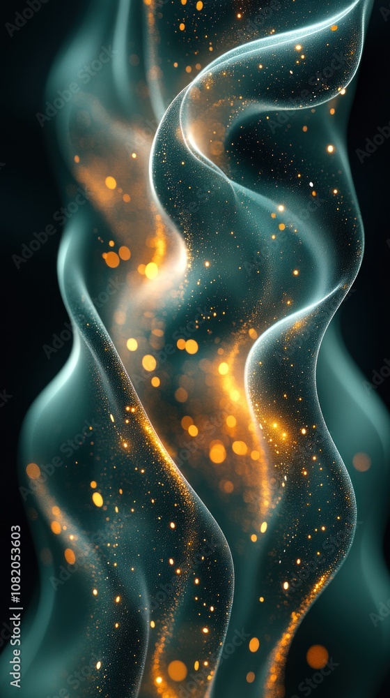 Naklejka premium Abstract wave-like design with glowing particles and fluid motion.