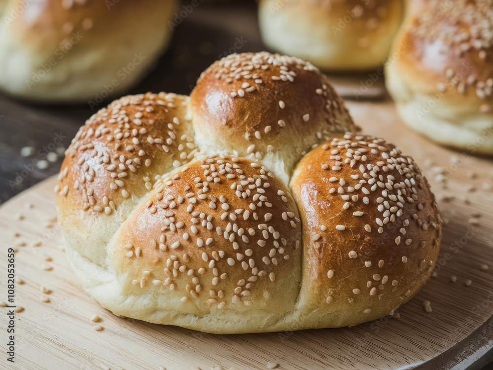Freshly baked dinner roll with golden crust topped with sesame seeds, sitting on wooden cutting board. Freshly baked dinner roll with golden crust topped with sesame seeds, sitting on wooden cutting board.