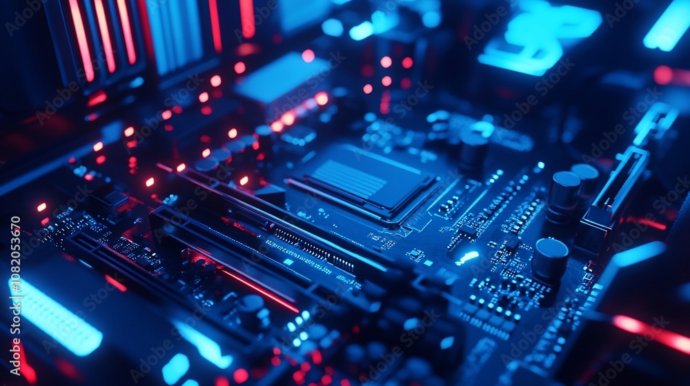 Close-up shot of a computer motherboard with red and blue lighting. Close-up shot of a computer motherboard with red and blue lighting.