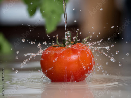 Fresh tomato being splashed with water droplets creating ripple effect on reflective surface photo