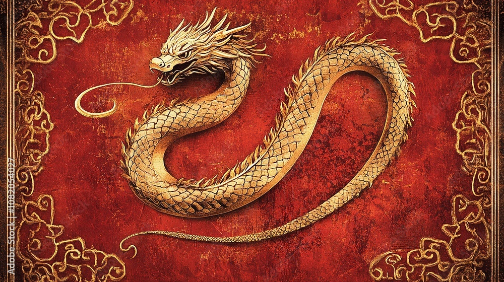Majestic Golden Dragon Illustration Over Rich Red Background with Intricate Patterns, Perfect for Representations of Power, Strength, and Eastern Culture Themes in Artwork Majestic Golden Dragon Illustration Over Rich Red Background with Intricate Patterns, Perfect for Representations of Power, Strength, and Eastern Culture Themes in Artwork