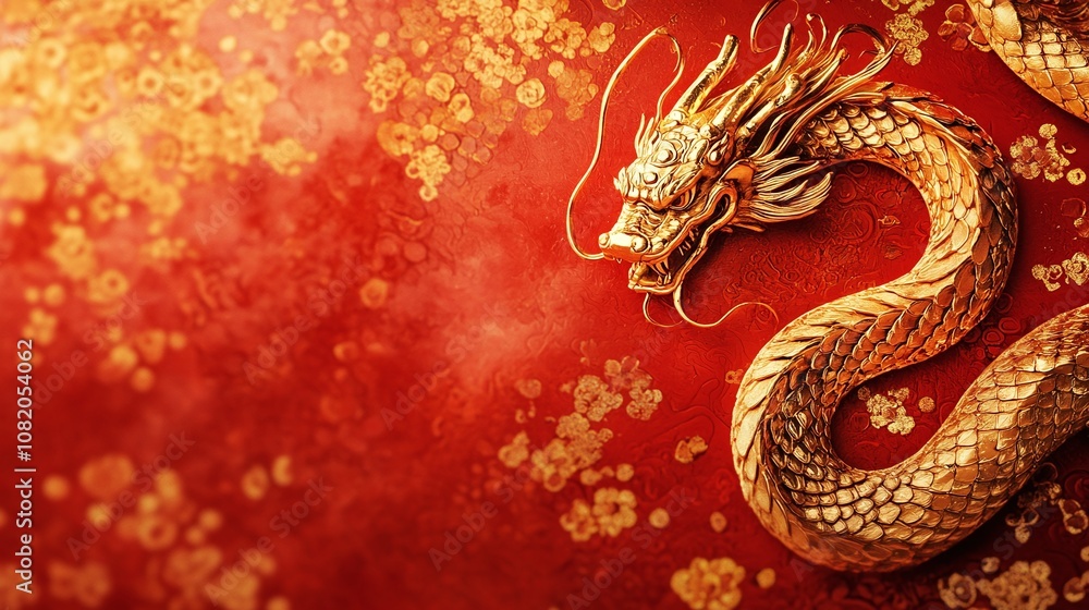 Majestic Golden Dragon on Red Floral Background Representing Strength and Good Fortune in Asian Culture, Ideal for Celebratory Themes and Artistic Expressions Majestic Golden Dragon on Red Floral Background Representing Strength and Good Fortune in Asian Culture, Ideal for Celebratory Themes and Artistic Expressions