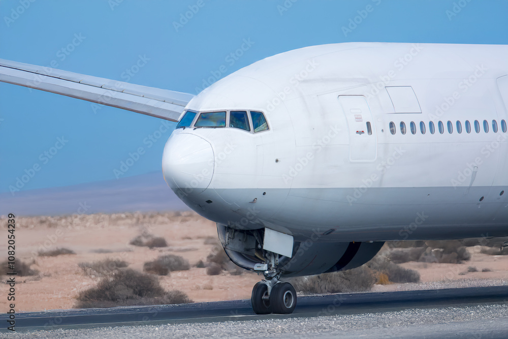 Obraz premium 砂漠の空港に飛行機、大きな胴体