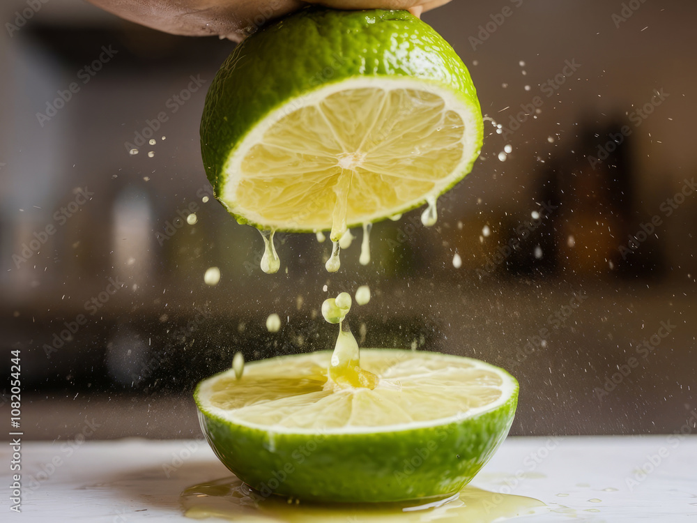 Halved lime being squeezed with juice drops falling between sections ...