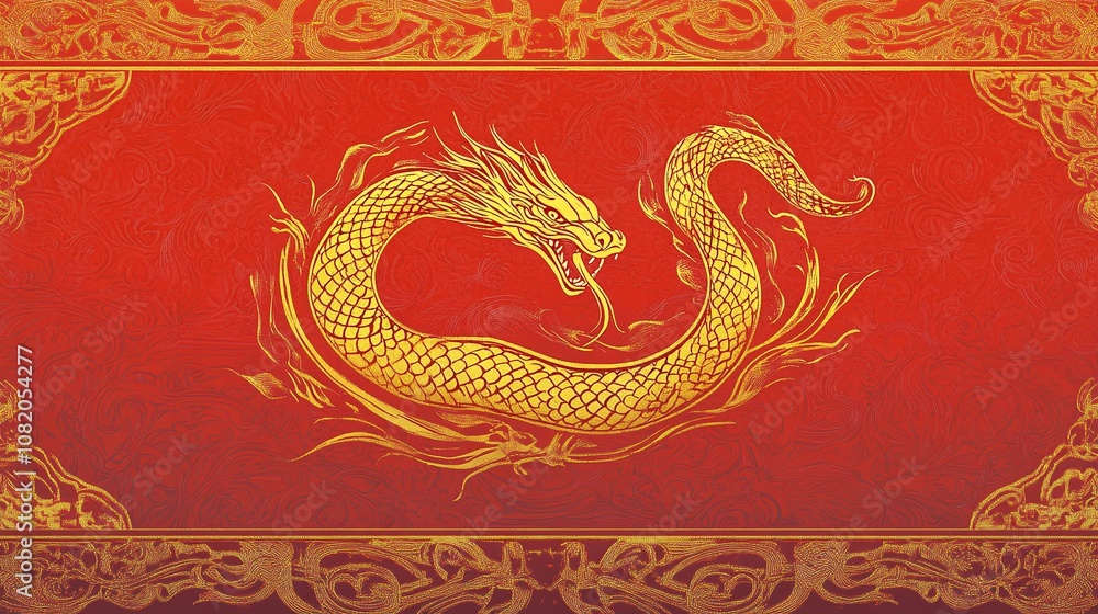 Obraz premium Majestic Golden Dragon on Vibrant Red Background with Intricate Patterns Ideal for Celebrating Culture and Tradition in Art and Design, Symbolizing Power and Strength