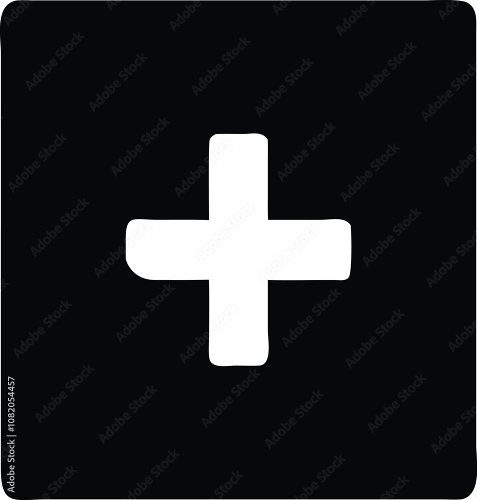 The image shows a black and white silhouette of a first aid kit. It is a rectangular box with a handle on top and a white cross in the The image shows a black and white silhouette of a first aid kit. It is a rectangular box with a handle on top and a white cross in the