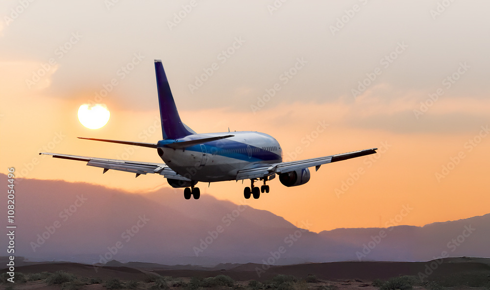 Naklejka premium 夕焼けの空から太陽、山間部の空を飛ぶ飛行機