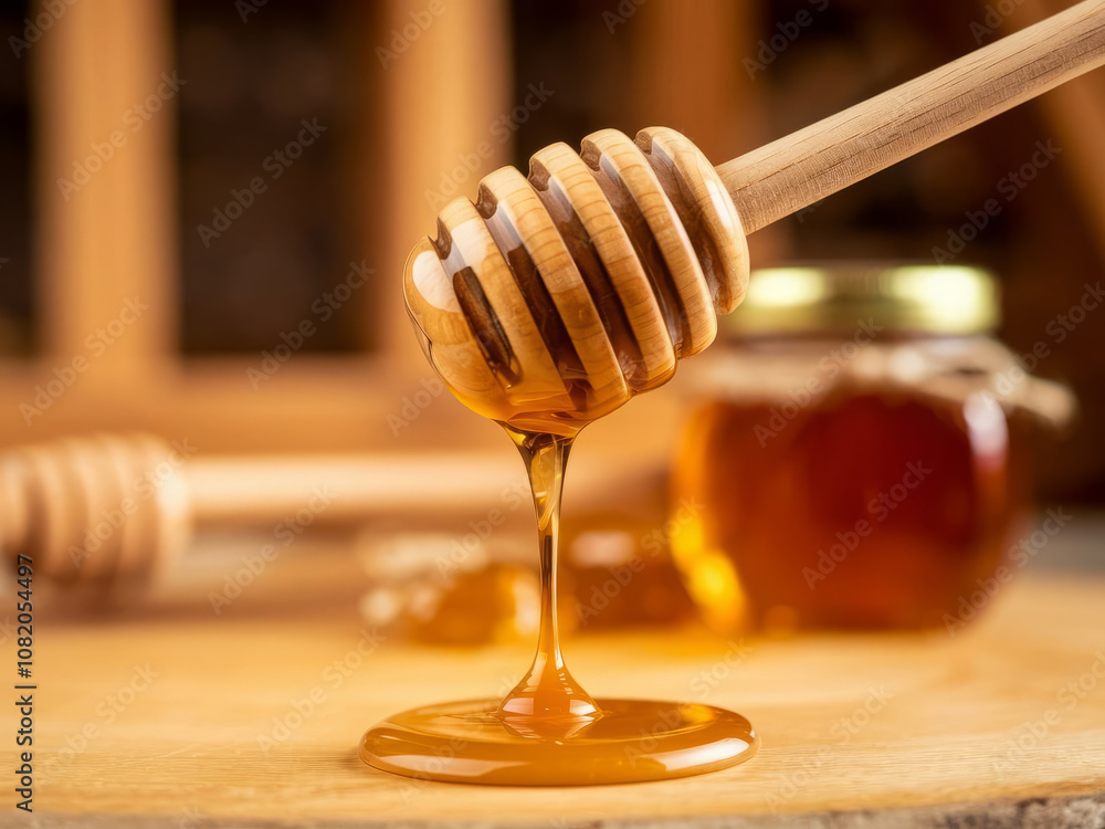 Honey dripping from wooden dipper with spiral grooves, forming golden stream on wooden surface Honey dripping from wooden dipper with spiral grooves, forming golden stream on wooden surface