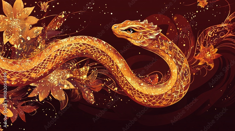 Fototapeta premium Majestic Golden Snake Illustration with Flowers and Sparkles on a Deep Red Background, Perfect for Celebrating Lunar Festivals and Cultural Events