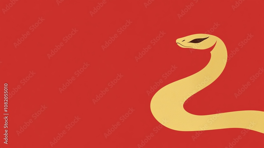 Fototapeta premium Minimalist Illustration of a Stylized Yellow Snake on a Bold Red Background, Perfect for Creative Projects and Symbolic Designs