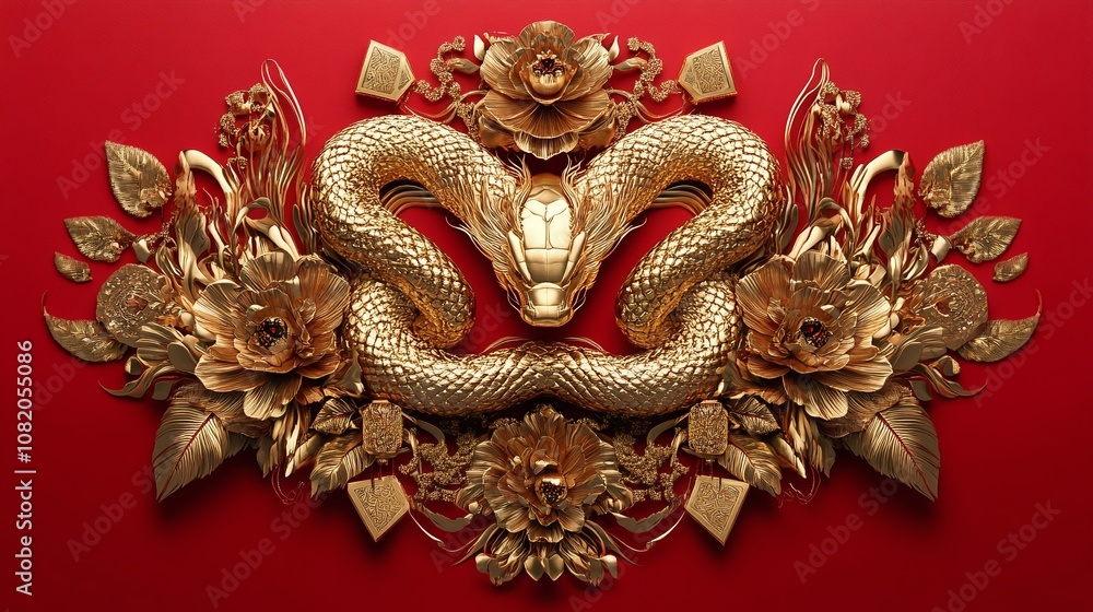 Ornate Golden Serpent and Floral Arrangement on Red Background Symbolizing Prosperity and Power in Asian Culture Ornate Golden Serpent and Floral Arrangement on Red Background Symbolizing Prosperity and Power in Asian Culture