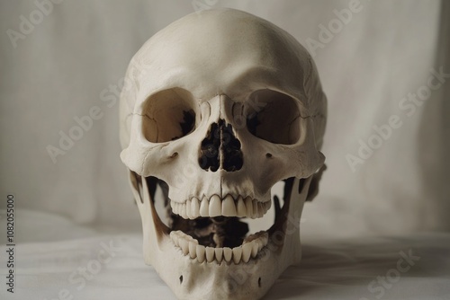 A close-up of a fake human skull on a white background, great for medical or spooky themed designs photo