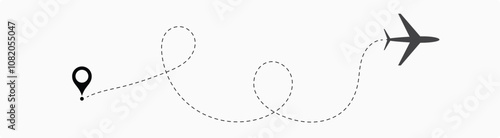 air plane flight route with the point of location line trace isolated on white background.