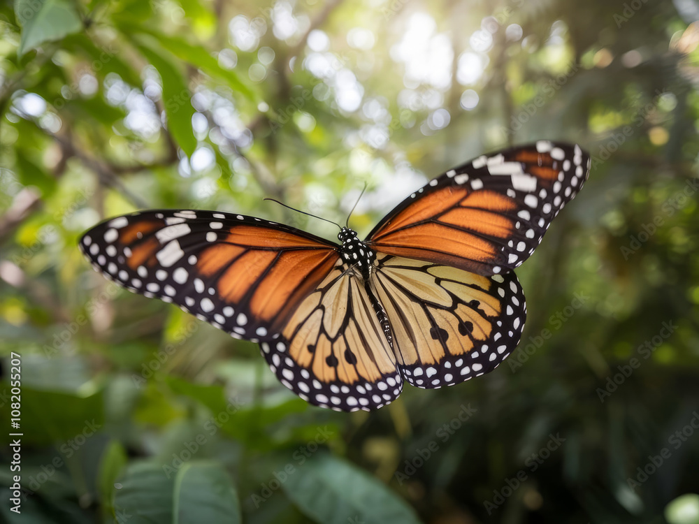 Monarch butterfly with spread wings flying against blurred green foliage background in natural setting Monarch butterfly with spread wings flying against blurred green foliage background in natural setting