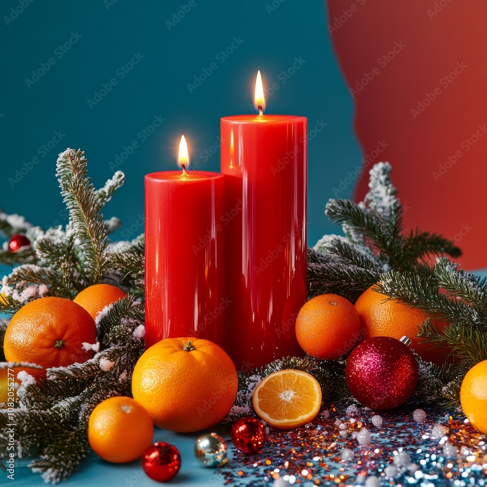 Two red candles are lit with Christmas ornaments, mandarins, and evergreen branches. Two red candles are lit with Christmas ornaments, mandarins, and evergreen branches.