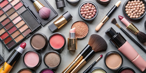 Stunning arrangement of exquisite makeup products elegantly displayed on a gray background, captured in macro photography highlighting intricate details and vibrant colors.