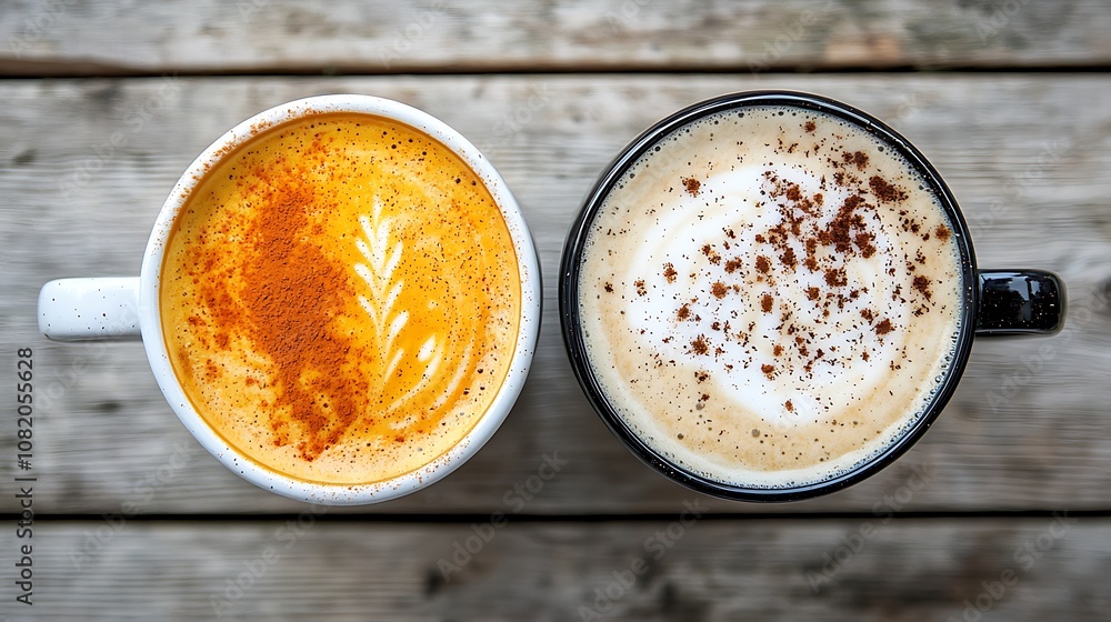 Hot Beverage Delight: A Close-Up of Two Different Coffee Cups on a Wooden Surface Showcasing Latte Art and Spices, Perfect for Cozy Mornings and Cafes