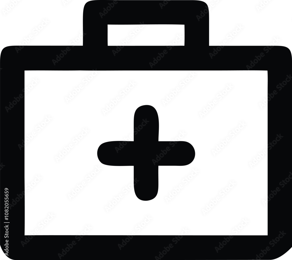 The image shows a black and white silhouette of a first aid kit. It is a rectangular box with a handle on top and a white cross in the The image shows a black and white silhouette of a first aid kit. It is a rectangular box with a handle on top and a white cross in the