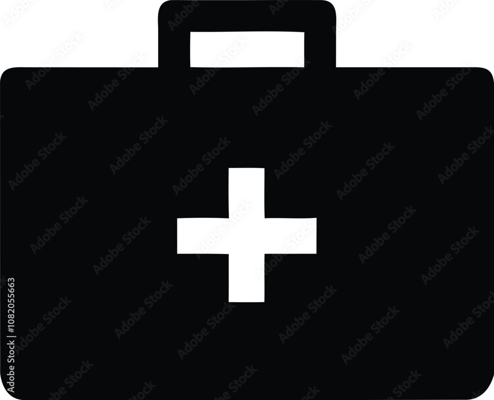 The image shows a black and white silhouette of a first aid kit. It is a rectangular box with a handle on top and a white cross in the The image shows a black and white silhouette of a first aid kit. It is a rectangular box with a handle on top and a white cross in the