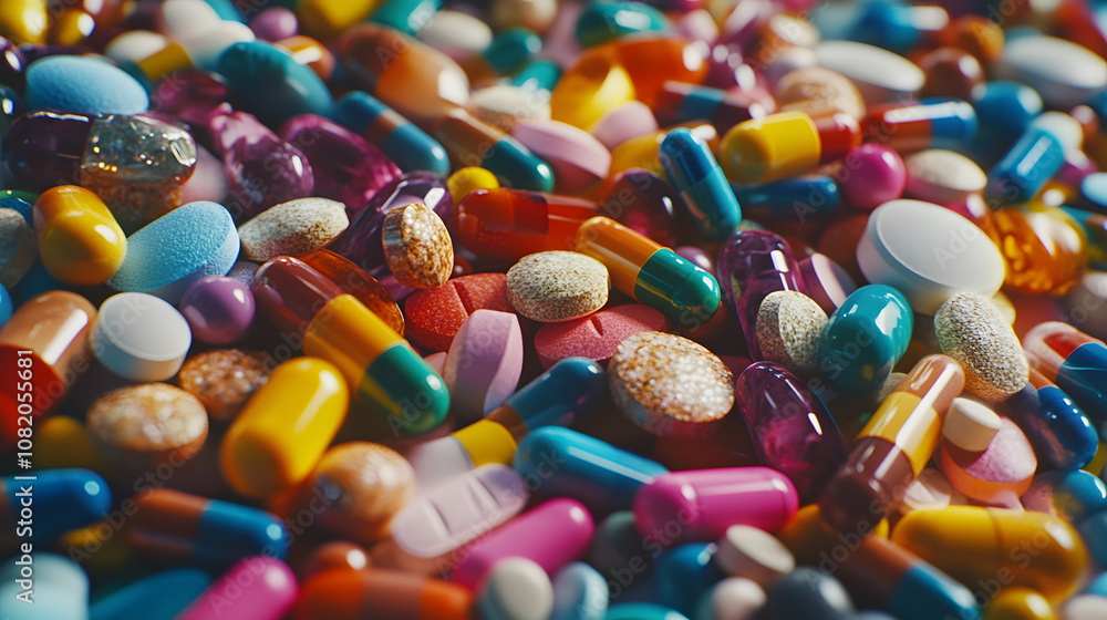A pile of various colorful capsules and tablets scattered on a clean surface. A pile of various colorful capsules and tablets scattered on a clean surface.