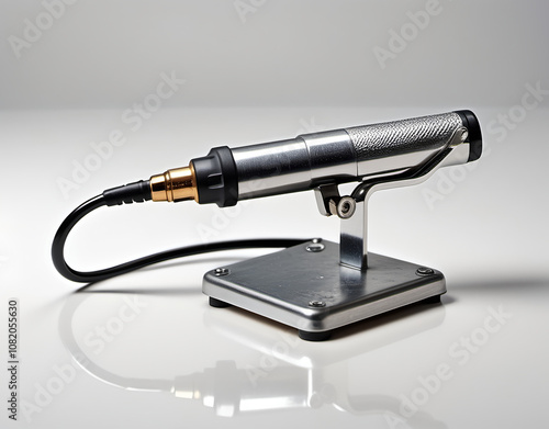 A detailed image of a soldering iron stand with a coiled holder on a white background. Generative AI