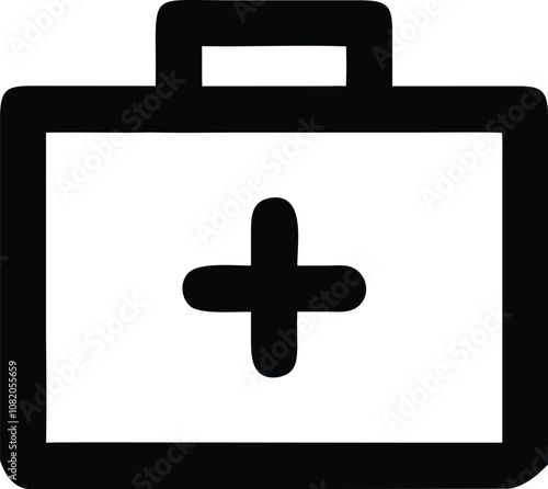 The image shows a black and white silhouette of a first aid kit. It is a rectangular box with a handle on top and a white cross in the