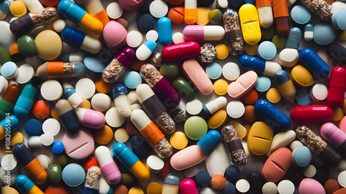 A pile of various colorful capsules and tablets scattered on a clean surface. photo