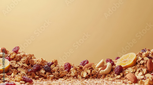 Delicious organic granola with nuts and dried fruits scattered on golden background, creating warm and inviting atmosphere