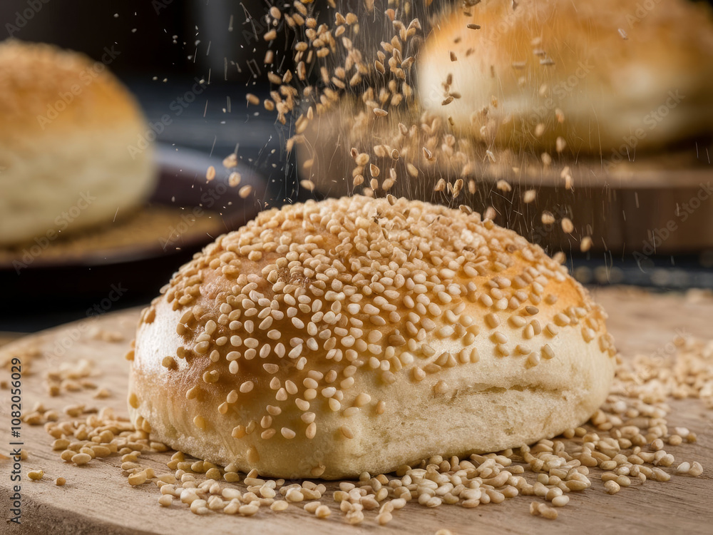 Sesame seeds falling onto fresh burger bun on wooden board, capturing motion of seeds sprinkling Sesame seeds falling onto fresh burger bun on wooden board, capturing motion of seeds sprinkling