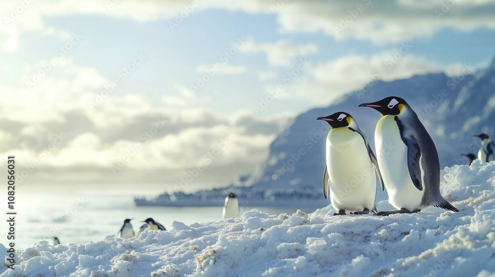 Fototapeta premium Two penguins standing together on snowy terrain, perfect for winter or wildlife-themed projects