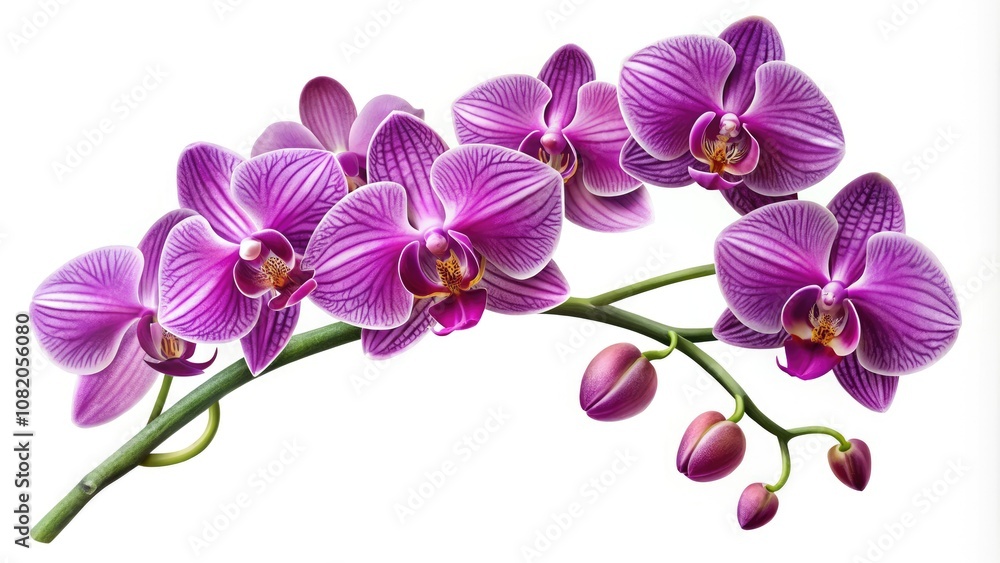 Stunning vector art showcasing a purple orchid branch, elegantly isolated on white, perfect for enhancing product photography and artistic displays in various projects. Stunning vector art showcasing a purple orchid branch, elegantly isolated on white, perfect for enhancing product photography and artistic displays in various projects.
