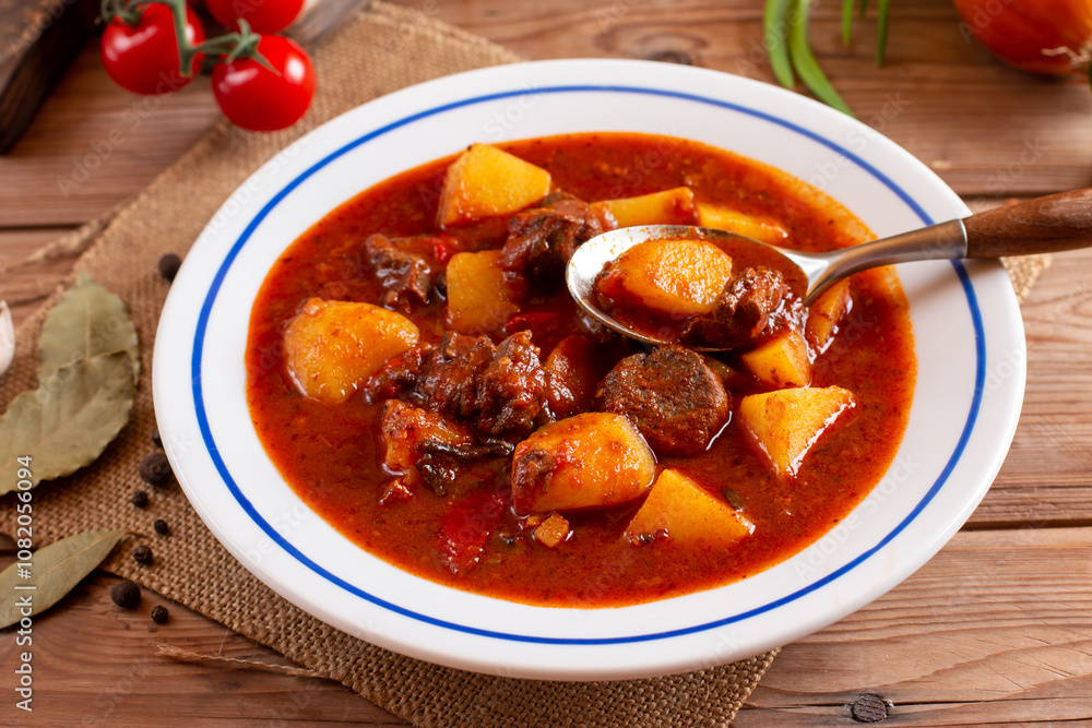 Goulash soup with beef, potatoes and sweet pepper. Stew of meat and vegetables, flavored with paprika. Hungarian cuisine. Goulash soup with beef, potatoes and sweet pepper. Stew of meat and vegetables, flavored with paprika. Hungarian cuisine.