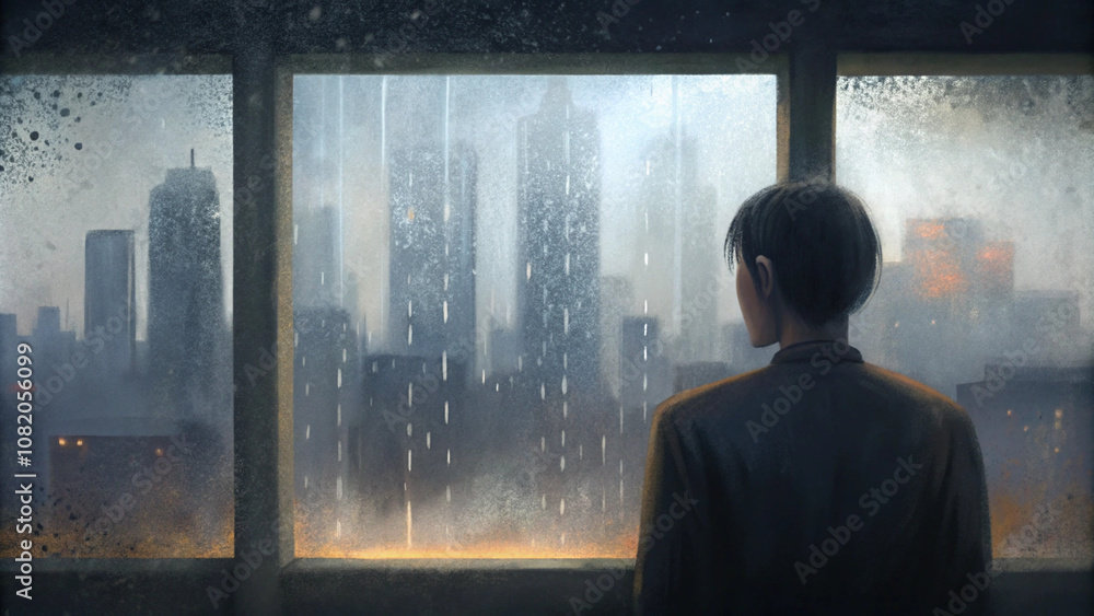 Man gazing out at a rainy city skyline from a dimly lit window, capturing a mood of reflection and solitude in an urban setting Man gazing out at a rainy city skyline from a dimly lit window, capturing a mood of reflection and solitude in an urban setting