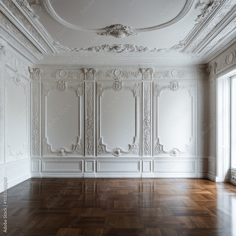 Empty room with ornate white walls and wooden floors. Empty room with ornate white walls and wooden floors.