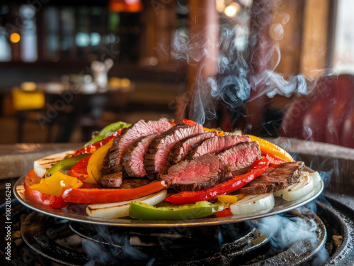 Sizzling beef fajitas with colorful bell peppers and onions steaming on hot cast iron skillet