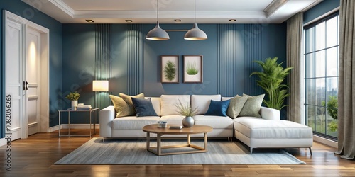 Stylish modern living room featuring a white sofa paired with a vibrant blue accent wall, creating an inviting atmosphere perfect for contemporary home decor inspiration.