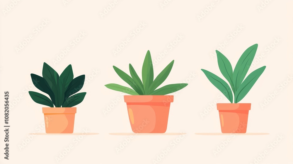 Three potted plants with green leaves in brown pots on a white background. Three potted plants with green leaves in brown pots on a white background.