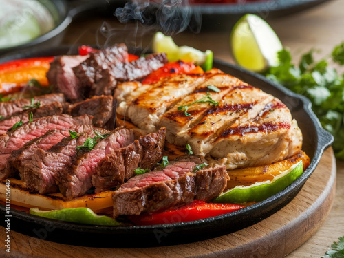 Sizzling grilled beef steak and chicken fajitas with colorful bell peppers on hot cast iron skillet