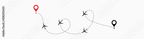 air plane flight route with the point of location line trace isolated on white background.
