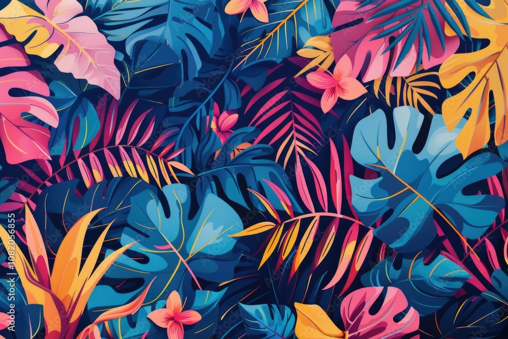 Colorful tropical leaves and flowers on a dark background Colorful tropical leaves and flowers on a dark background
