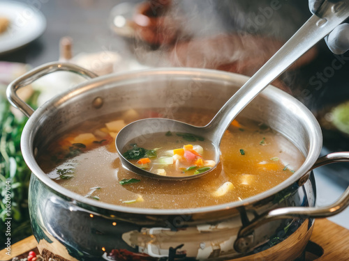 Steaming hot vegetable soup in metal pot with ladle scooping clear broth and colorful vegetables