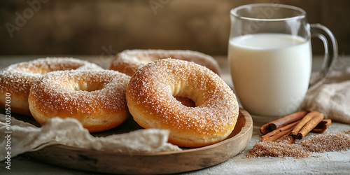 Sugary Donuts and Milk on Tray with Festive Bokeh Lighting photo